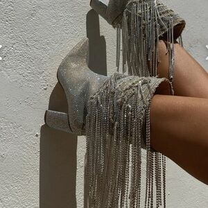 AZALEA WANG RELENTLESS WESTERN RHINESTONE Beige/Blue/Silver Fringe Ankle Boots 6